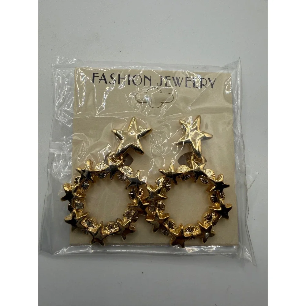 Gold Tone Star Hoop Clip On Earrings‎ Celestial Statement Drop Jewelry New